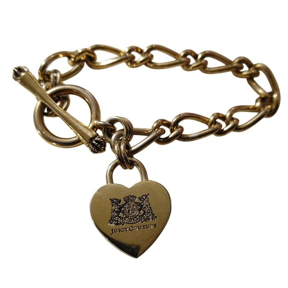 Juicy Couture Royal Heart Charm Bracelet Yellow Gold Tone Toggle Clasp Stamped - Picture 1 of 8